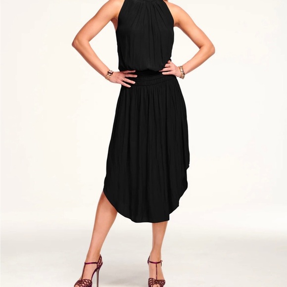 Ramy Brook Audrey Black Smocked Waist Crepe de Chine Midi Dress-Size P/US Small - Picture 1 of 15